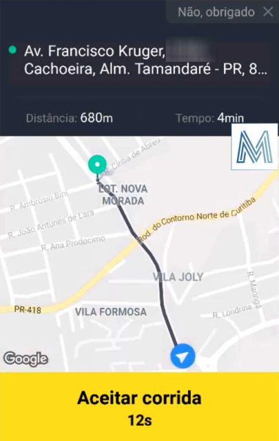 Tela para aceitar corrida no app de motorista da 99