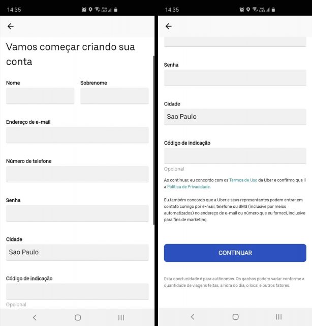 Cadastro na Uber
